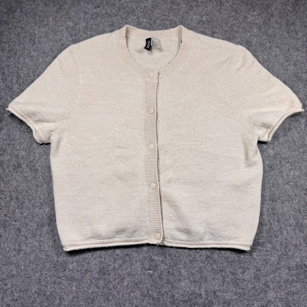 H&M Divided Women Short Sleeve Cardigan Sweater‎ Beige Oatmeal Knit L 12388520